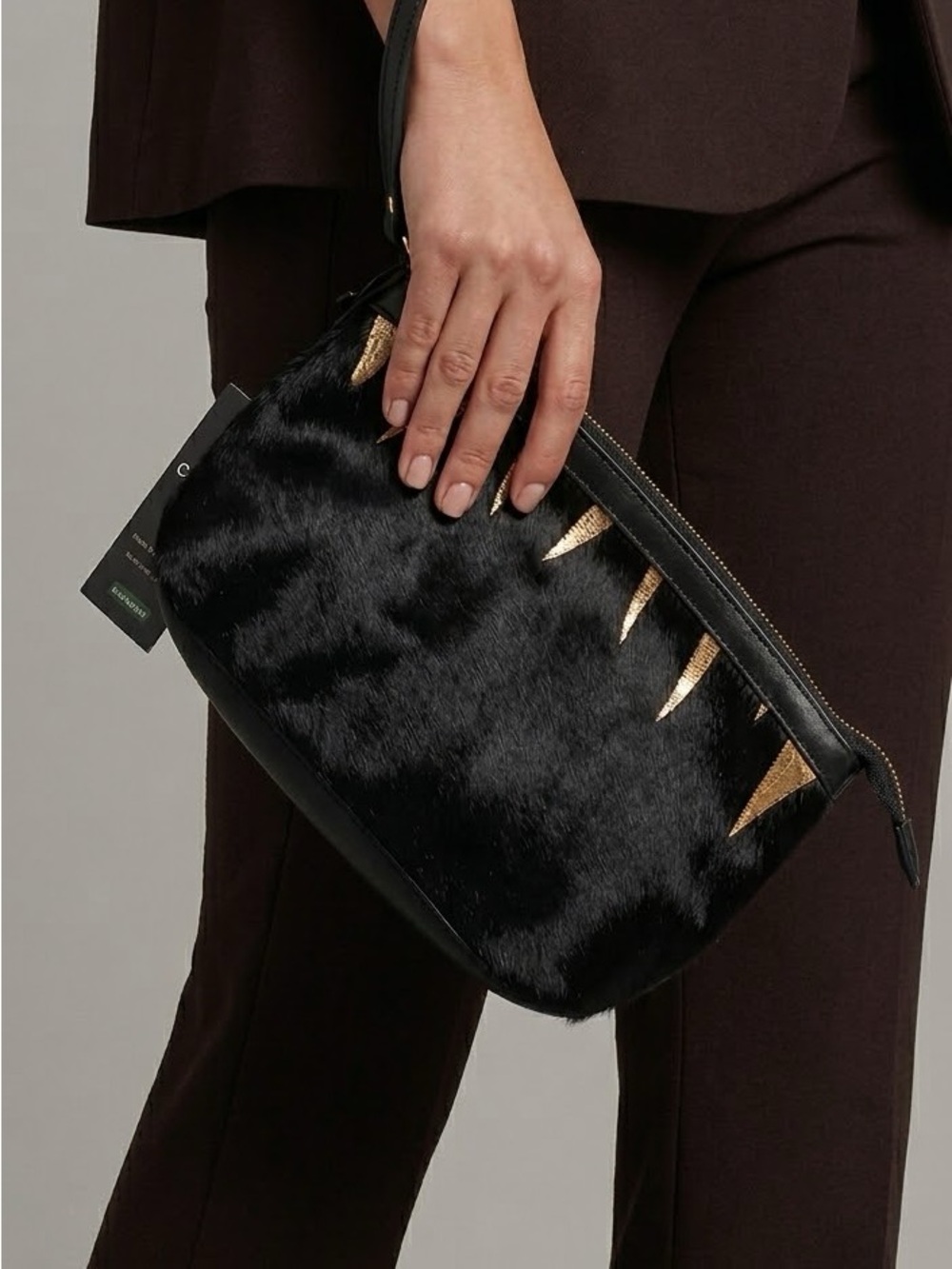 Cavalcanti Black Pony Hair Wristlet with Gold Accent Detail